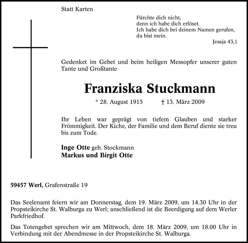  Traueranzeige für Franziska Stuckmann vom 17.03.2009 aus Tageszeitung