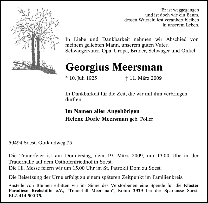  Traueranzeige für Georgius Meersman vom 14.03.2009 aus Tageszeitung
