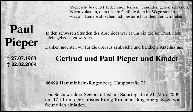  Traueranzeige für Paul Pieper vom 17.03.2009 aus Tageszeitung
