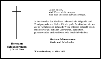 Traueranzeige von Hermann Schlenkermann von Tageszeitung
