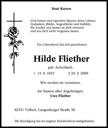 Traueranzeige von Hilde Fliether von Tageszeitung