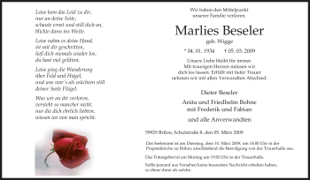 Traueranzeige von Marlies Beseler von Tageszeitung