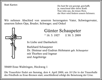 Traueranzeige von Günter Schaupeter von Tageszeitung