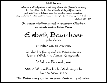 Traueranzeige von Elsbeth Baumhoer von Tageszeitung