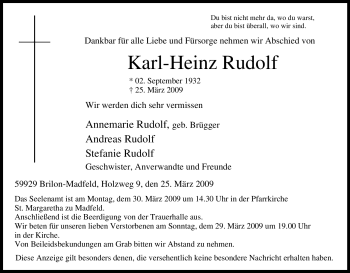 Traueranzeige von Karl-Heinz Rudolf von Tageszeitung