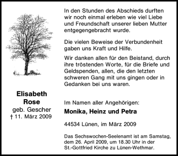 Traueranzeige von Elisabeth Rose von Tageszeitung