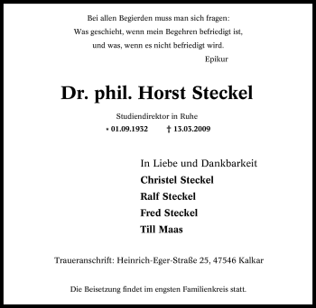 Traueranzeige von Horst Steckel von Tageszeitung