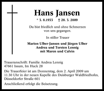 Traueranzeige von Hans Jansen von Tageszeitung