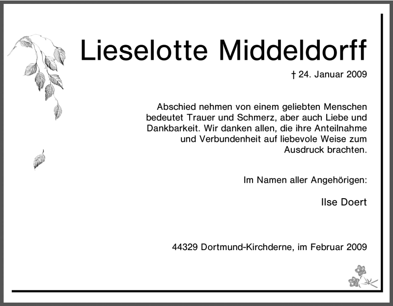  Traueranzeige für Lieselotte Middeldorff vom 03.03.2009 aus Tageszeitung