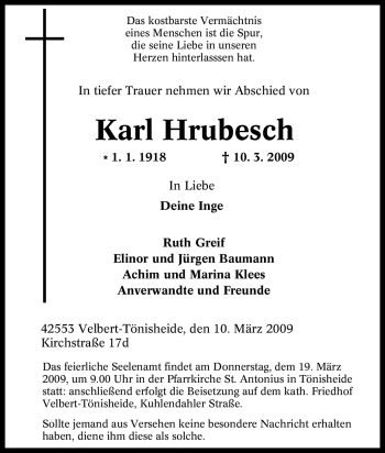Traueranzeige von Karl Hrubesch von Tageszeitung