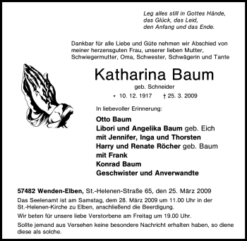 Traueranzeige von Katharina Baum von Tageszeitung