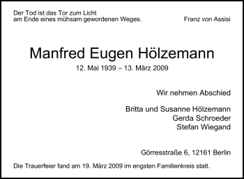 Traueranzeige von Manfred Eugen Hölzemann von Tageszeitung