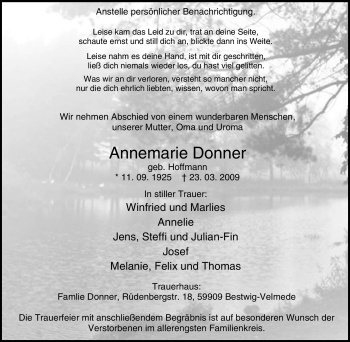 Traueranzeige von Annemarie Donner von Tageszeitung