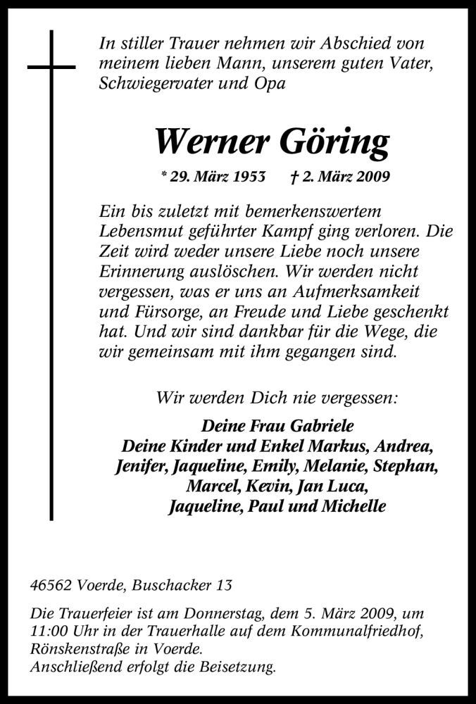  Traueranzeige für Werner Göring vom 04.03.2009 aus Tageszeitung