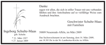 Traueranzeige von Ingeborg Schulte-Maas von Tageszeitung