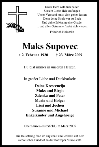 Traueranzeige von Maks Supovec von Tageszeitung