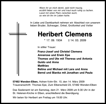 Traueranzeige von Heribert Clemens von Tageszeitung