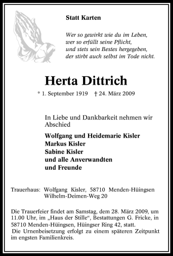 Traueranzeige von Herta Dittrich von Tageszeitung