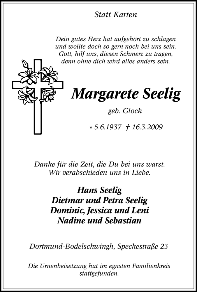  Traueranzeige für Margarete Seelig vom 25.03.2009 aus Tageszeitung