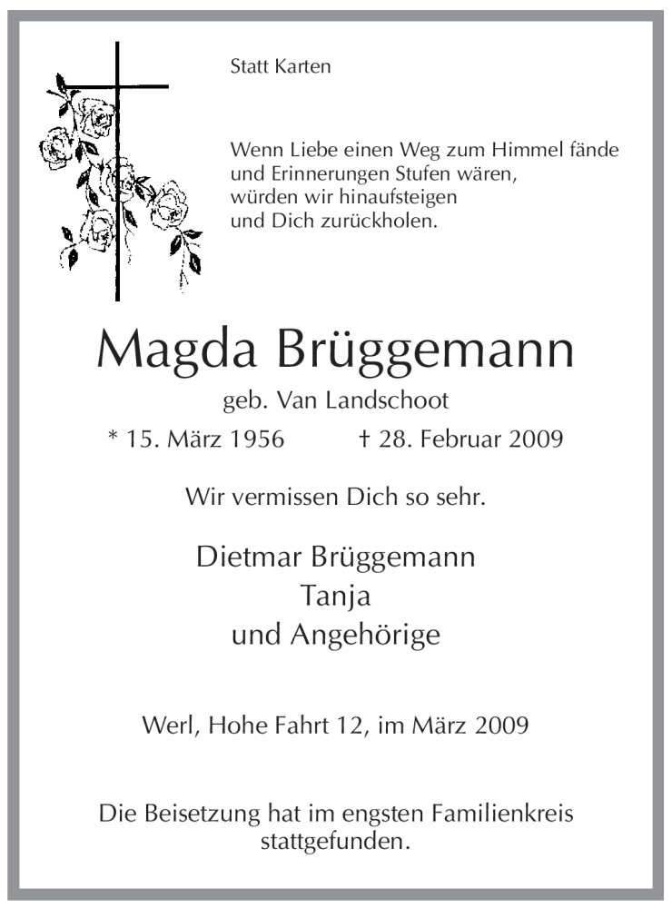  Traueranzeige für Magda Brüggemann vom 06.03.2009 aus Tageszeitung