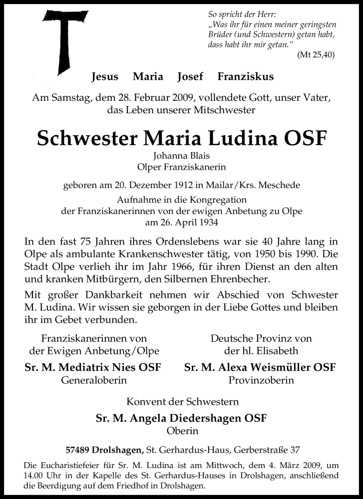  Traueranzeige für Maria Ludina OSF vom 03.03.2009 aus Tageszeitung