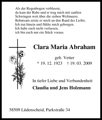 Traueranzeige von Clara Maria Abraham von Tageszeitung