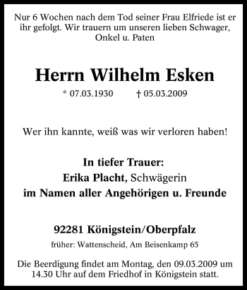Traueranzeige von Wilhelm Esken von Tageszeitung