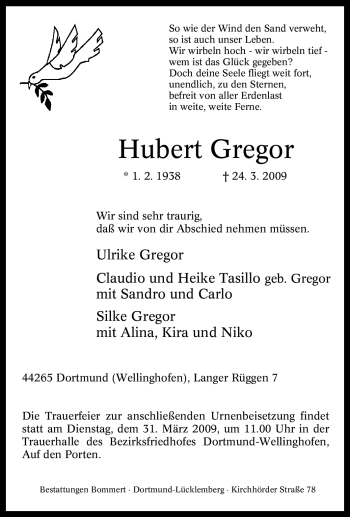 Traueranzeige von Hubert Gregor von Tageszeitung