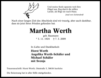 Traueranzeige von Martha Werth von Tageszeitung
