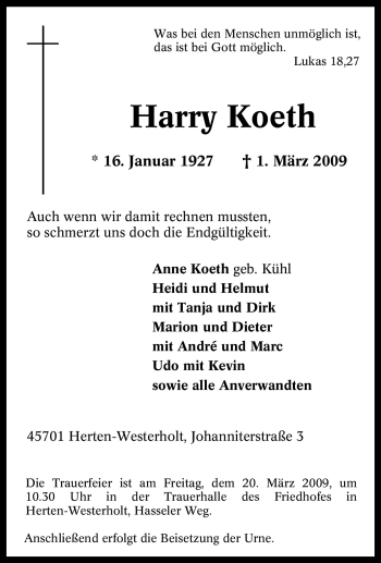 Traueranzeige von Harry Koeth von Tageszeitung