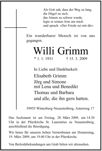 Traueranzeige von Willi Grimm von Tageszeitung