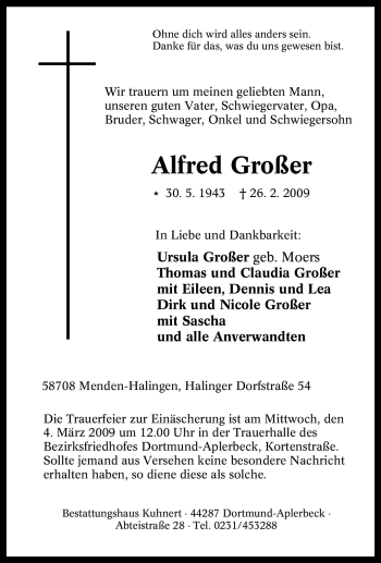 Traueranzeige von Alfred Großer von Tageszeitung