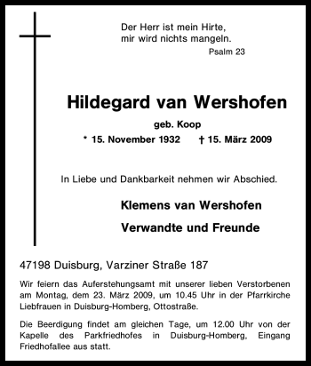 Traueranzeige von Hildegard van Wershofen von Tageszeitung