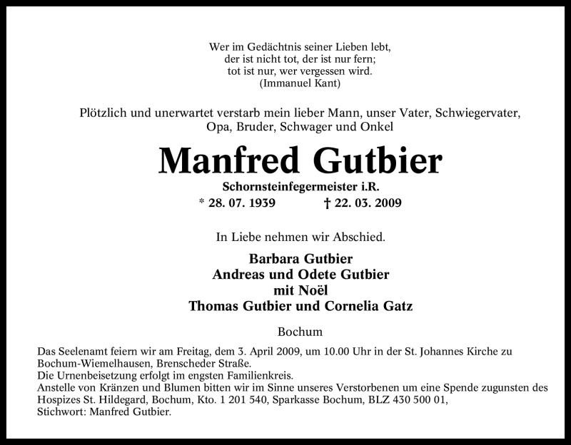  Traueranzeige für Manfred Gutbier vom 28.03.2009 aus Tageszeitung
