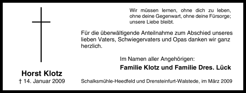  Traueranzeige für Horst Klotz vom 03.03.2009 aus Tageszeitung