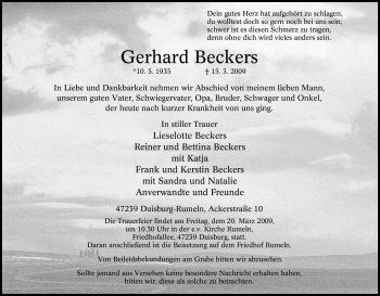 Traueranzeige von Gerhard Beckers von Tageszeitung