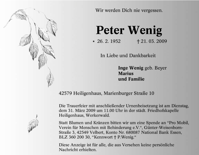  Traueranzeige für Peter Wenig vom 26.03.2009 aus Tageszeitung