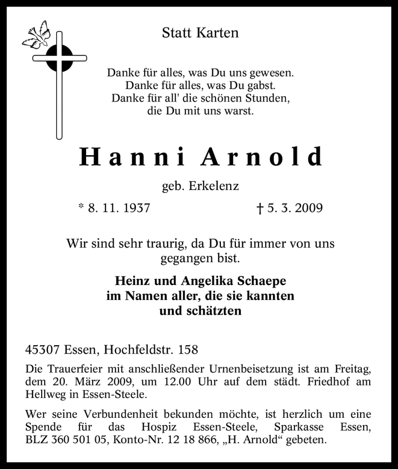  Traueranzeige für Hanni Arnold vom 14.03.2009 aus Tageszeitung
