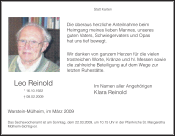 Traueranzeige von Leo Reinold von Tageszeitung
