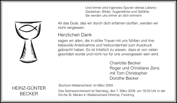 Traueranzeige von Heinz-Günter Becker von Tageszeitung