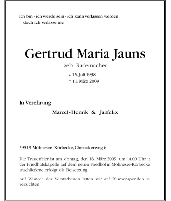 Traueranzeige von Gertrud Maria Jauns von Tageszeitung