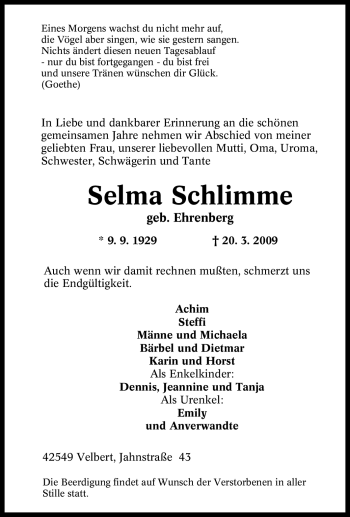 Traueranzeige von Selma Schlimme von Tageszeitung