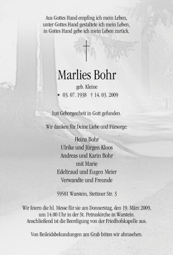 Traueranzeige von Marlies Bohr von Tageszeitung
