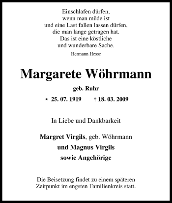 Traueranzeige von Margarete Wöhrmann von Tageszeitung
