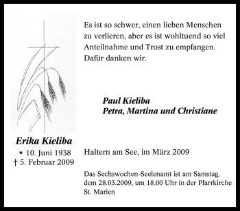 Traueranzeige von Erika Kieliba von Tageszeitung