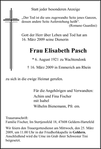 Traueranzeige von Elisabeth Pasch von Tageszeitung