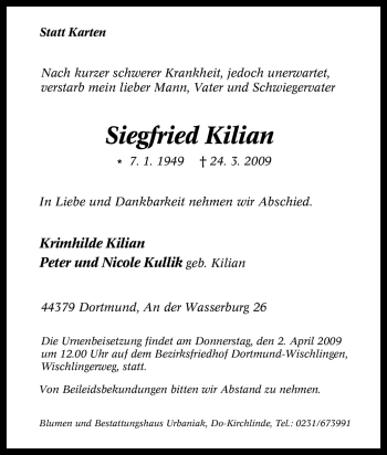 Traueranzeige von Siegfried Kilian von Tageszeitung
