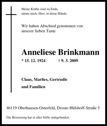 Traueranzeige von Anneliese Brinkmann von Tageszeitung