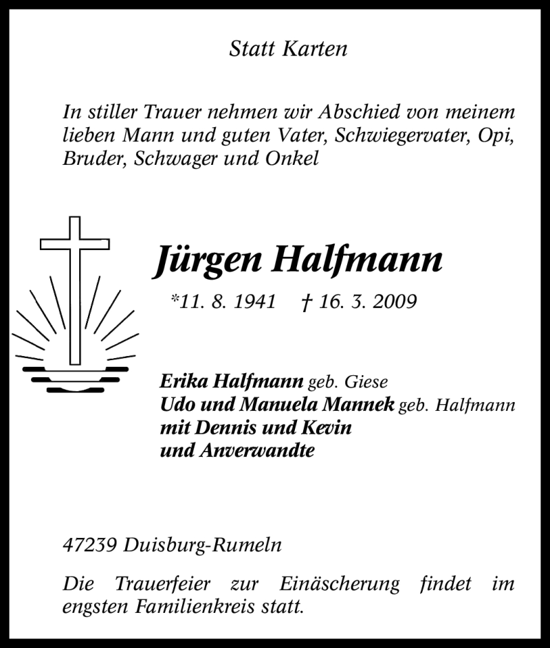  Traueranzeige für Jürgen Halfmann vom 18.03.2009 aus Tageszeitung
