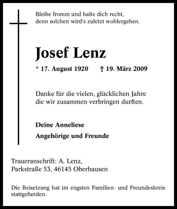 Traueranzeige von Josef Lenz von Tageszeitung